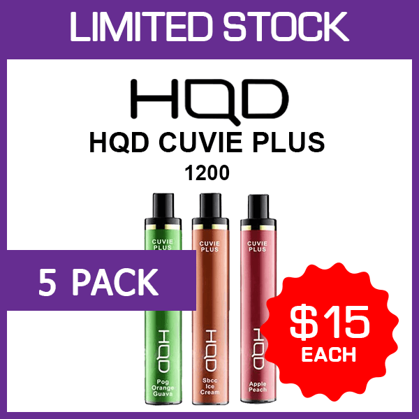 Five HQD Cuvie Plus 1200 disposable vapes bundled as a multipack